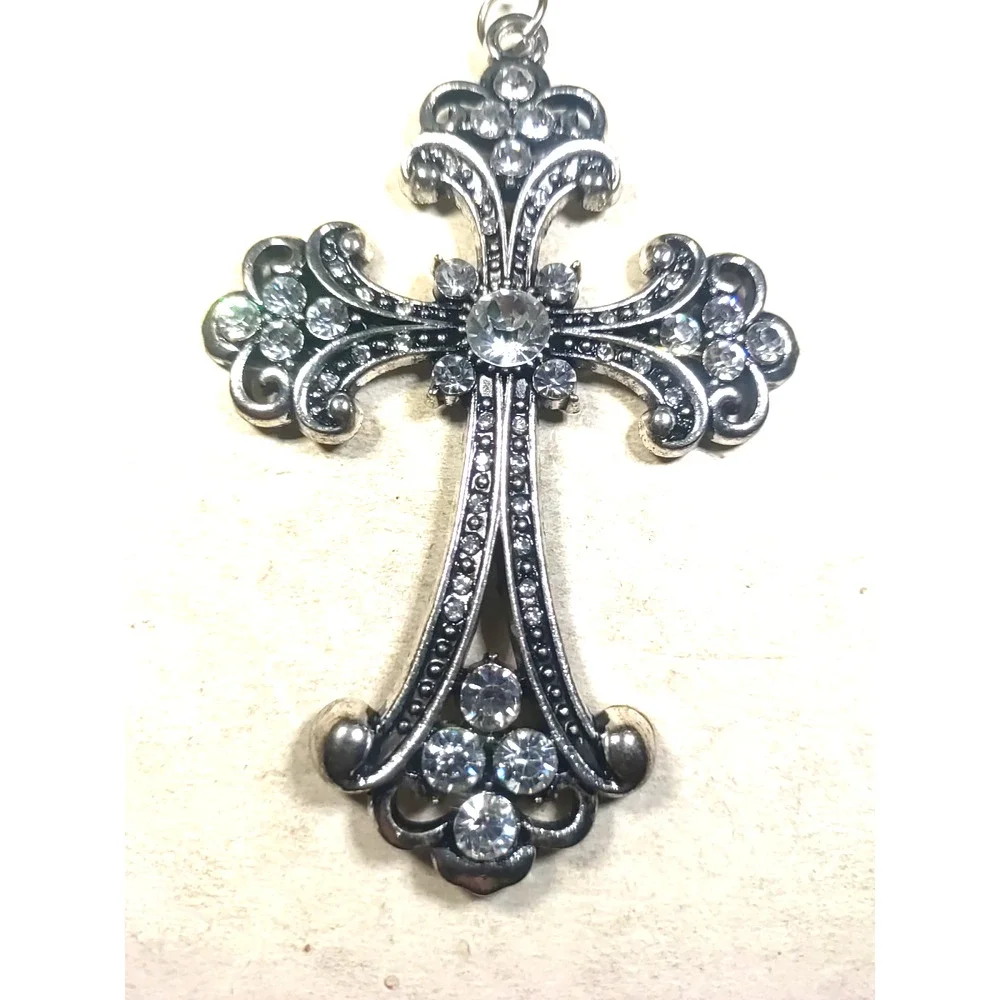 Large Cross Pendant Silver Tone Rhinestone Elegant Religious
